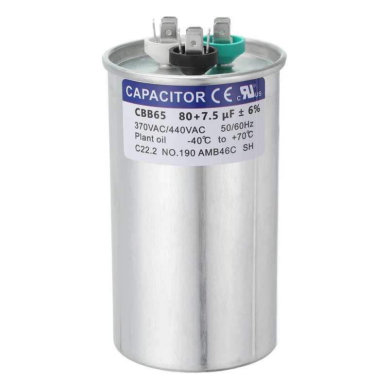 CBB65 Capacitor, 80+7.5uF 370-440 VAC 50/60Hz Aluminium Round Capacitor