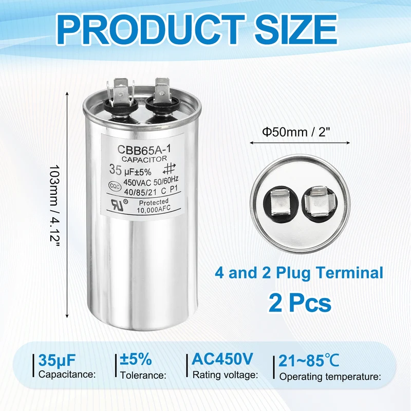 2 Pcs CBB65 Run Capacitor, Aluminum Case, 450V 35 F 5%