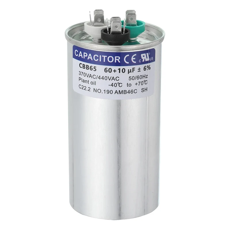 CBB65 Capacitor, 60+10uF 370-440 VAC 50/60Hz Aluminium Round Capacitor