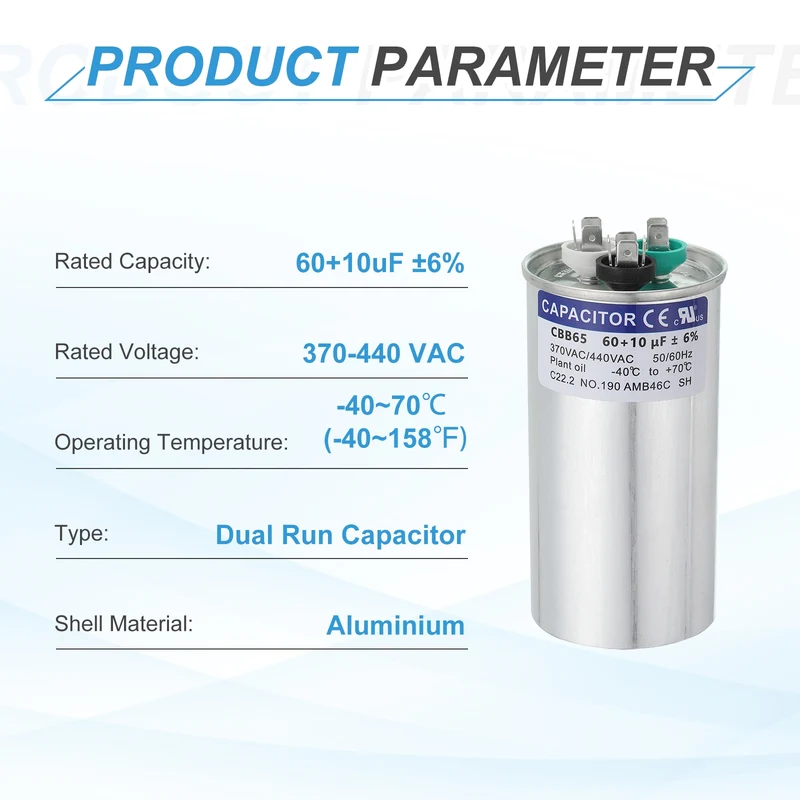 CBB65 Capacitor, 60+10uF 370-440 VAC 50/60Hz Aluminium Round Capacitor