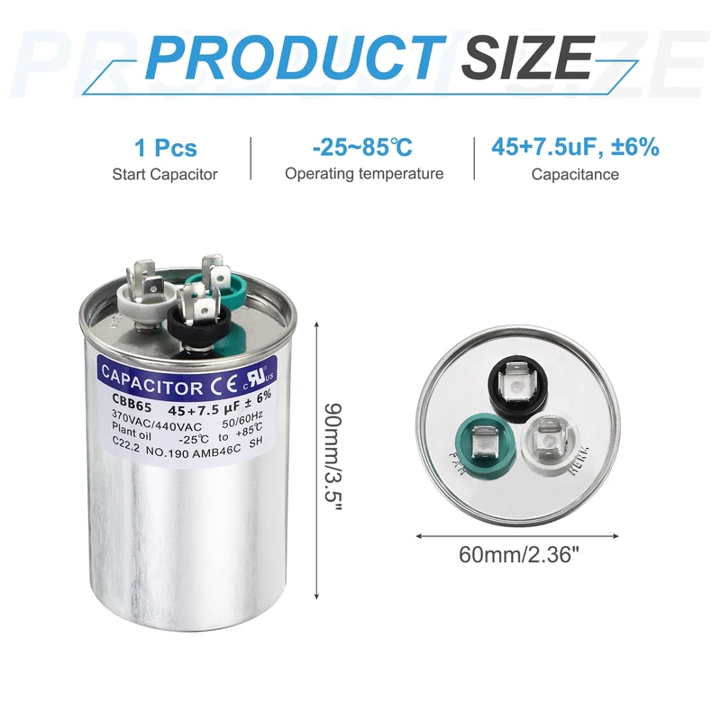 45+7.5MFD CBB65 Run Start Capacitor 45+7.5uF 370/440V Round AC Capacitor