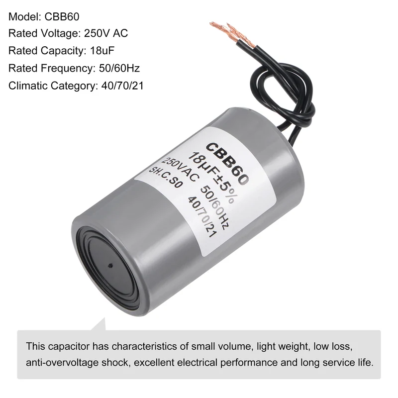 CBB60 Run Capacitor 18uF 250V AC 2 Wires 75x41mm for Compressor Pump Motor