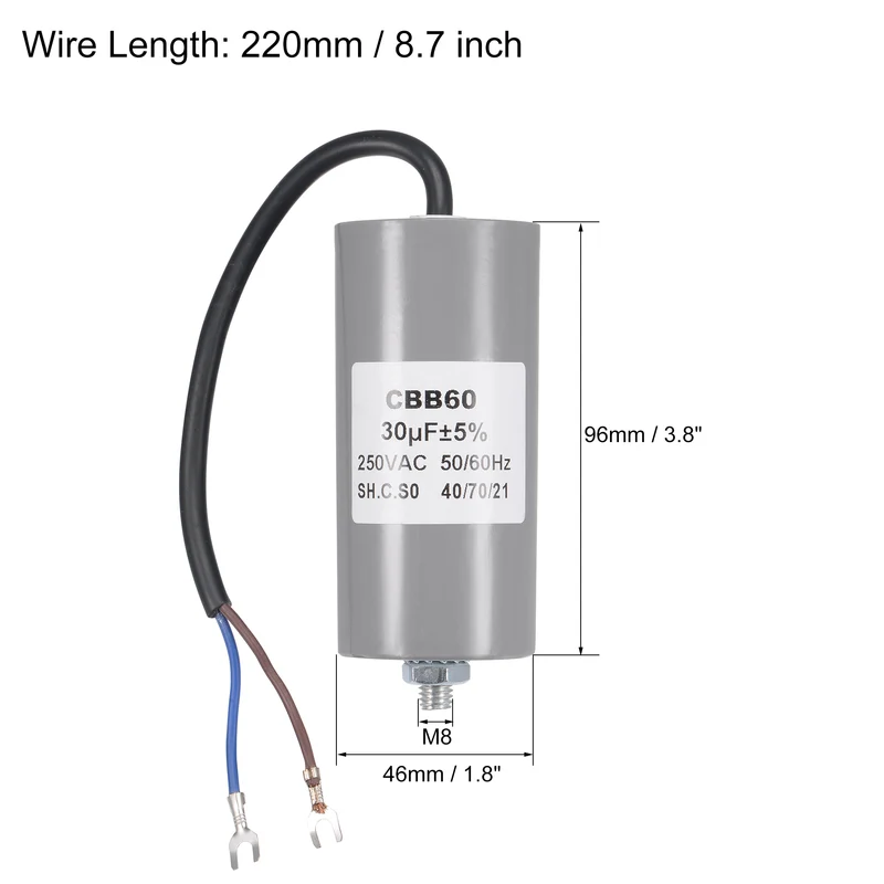 CBB60 Run Capacitor 30uF 250V AC 2 Wires 96x46mm with M8 Fixing Stud Terminal