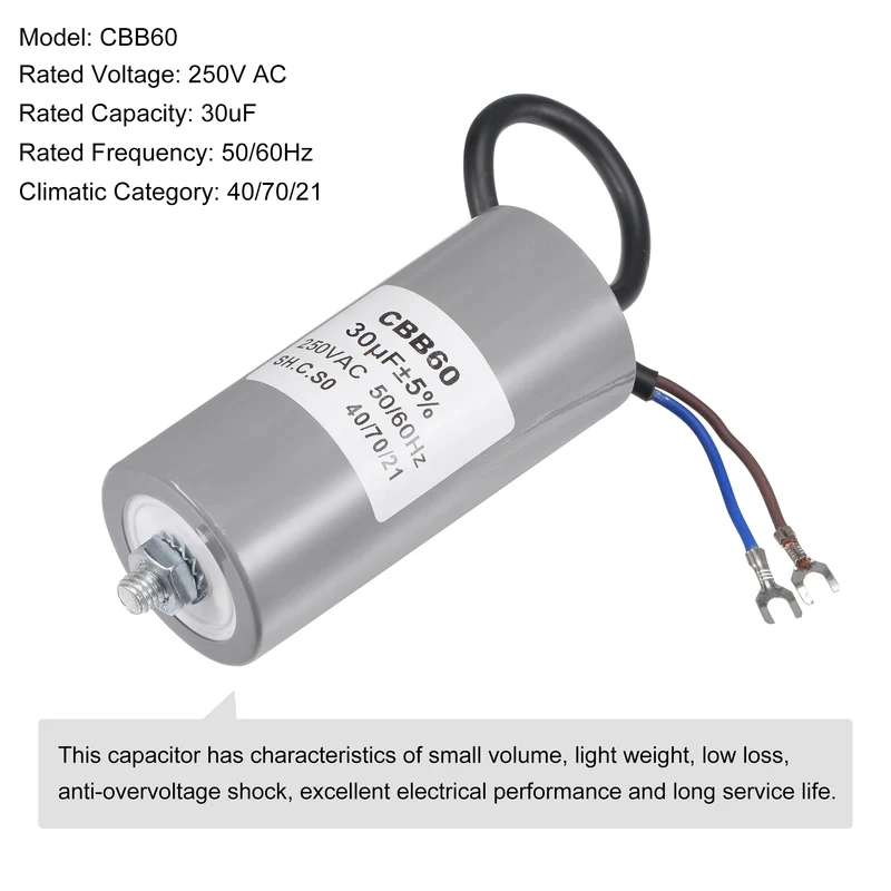 CBB60 Run Capacitor 30uF 250V AC 2 Wires 96x46mm with M8 Fixing Stud Terminal