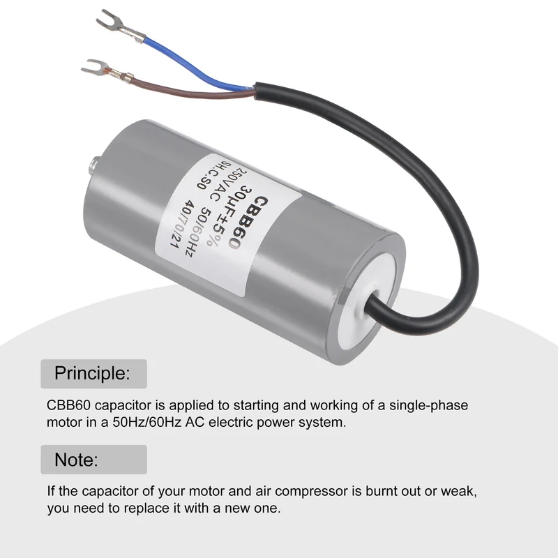 CBB60 Run Capacitor 30uF 250V AC 2 Wires 96x46mm with M8 Fixing Stud Terminal