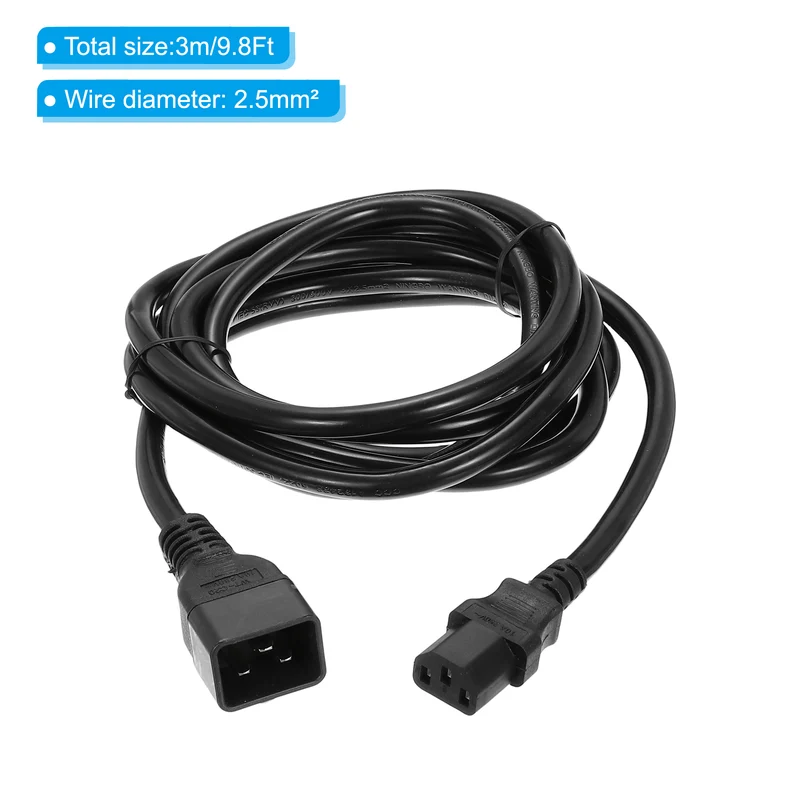 AC Power Cord 3 Prong C20 Male to C13 Female 2.5mm2 3Meter 9.8Ft 250V 10A 16A