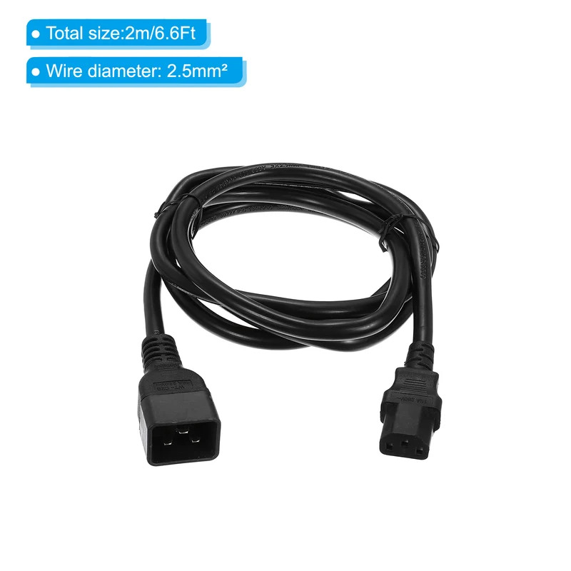AC Power Cord 3 Prong C20 Male to C13 Female 2.5mm2 2m 6.6Ft 250V 10A 16A
