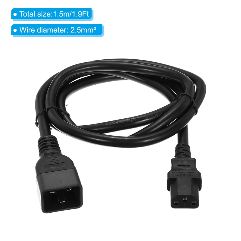 AC Power Cord 3 Prong C20 Male to C13 Female 2.5mm2 1.5m 4.9Ft 250V 10A 16A