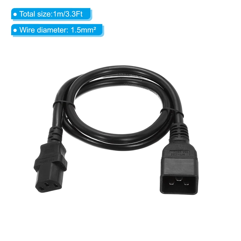 AC Power Cord 3 Prong C20 Male to C13 Female 2.5mm2 1m 3.3Ft 250V 10A 16A