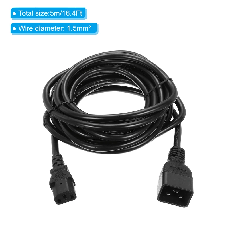 AC Power Cord 3 Prong C20 Male to C13 Female 1.5mm2 5m 16.4Ft 250V 10A 16A