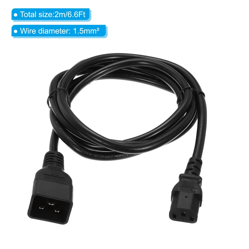 AC Power Cord 3 Prong C20 Male to C13 Female 1.5mm2 2m 6.6Ft 250V 10A 16A