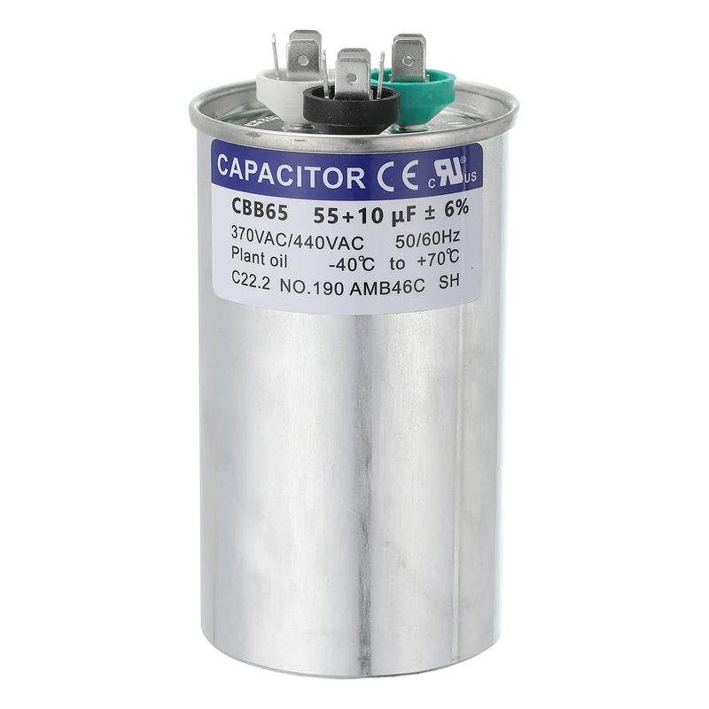 CBB65 Capacitor, 55+10uF 370-440 VAC 50/60Hz Aluminium Round Capacitor