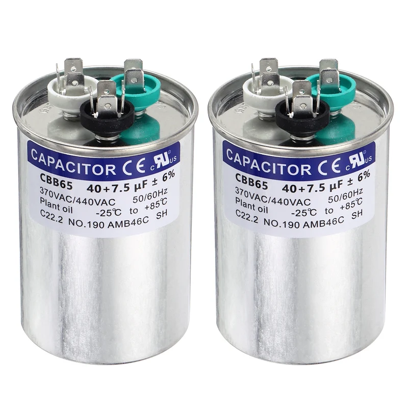 2Pcs 40+7.5MFD CBB65 Run Start Capacitor 40+7.5uF 370/440V Round AC Capacitor