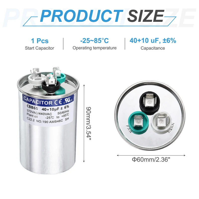 40+10MFD CBB65 Run Start Capacitor 40+10uF, 370/440V Round AC Capacitor