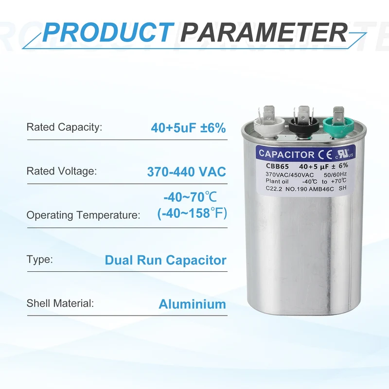 CBB65 Capacitor, 40+5uF 370-440 VAC 50/60Hz Aluminium Capacitor