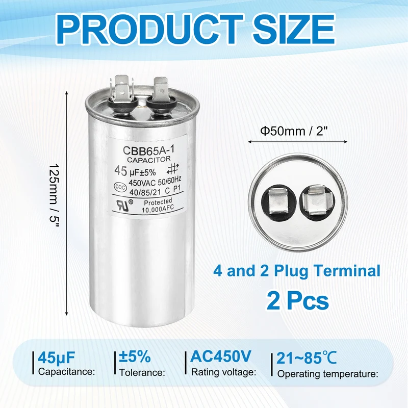 2 Pcs CBB65 Run Capacitor, Aluminum Case, 450V 45 F 5%