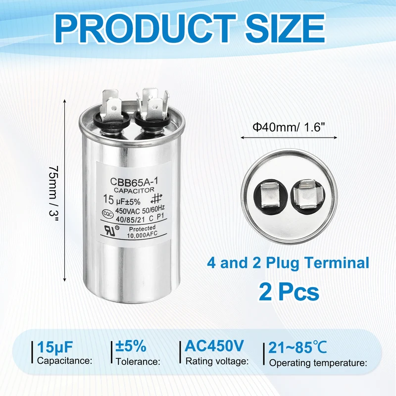 2 Pcs CBB65 Run Capacitor, Aluminum Case, 450V 15 F 5%
