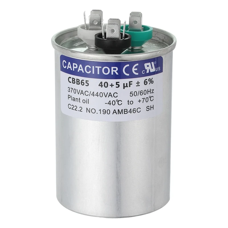 CBB65 Capacitor, 40+5uF 370-440 VAC 50/60Hz Aluminium Round Capacitor