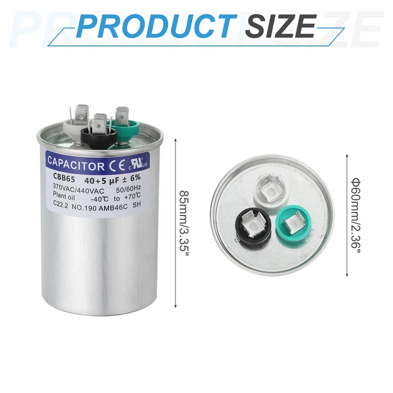 CBB65 Capacitor, 40+5uF 370-440 VAC 50/60Hz Aluminium Round Capacitor