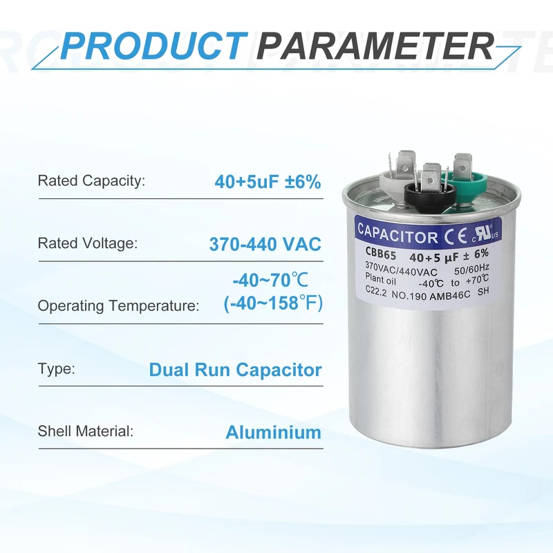 CBB65 Capacitor, 40+5uF 370-440 VAC 50/60Hz Aluminium Round Capacitor