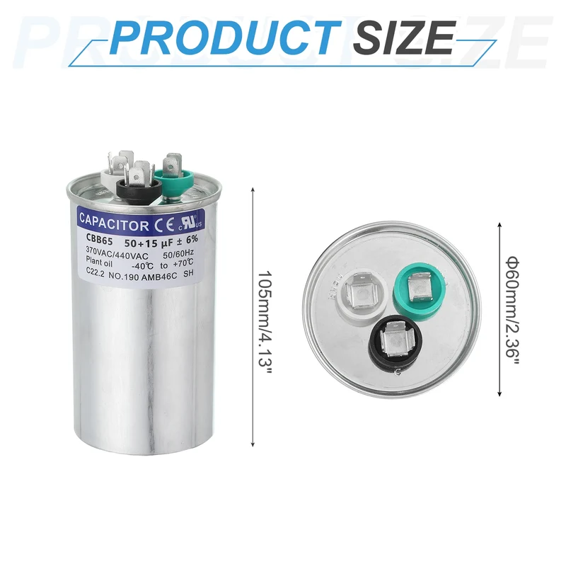 CBB65 Capacitor, 50+15uF 370-440 VAC 50/60Hz Aluminium Round Capacitor