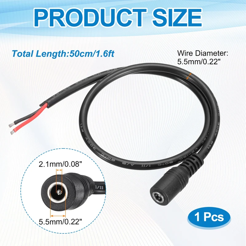 DC Power Pigtail Cable, 50cm/1.6FT 16AWG 5.5x2.1mm FeMale Barrel Plug