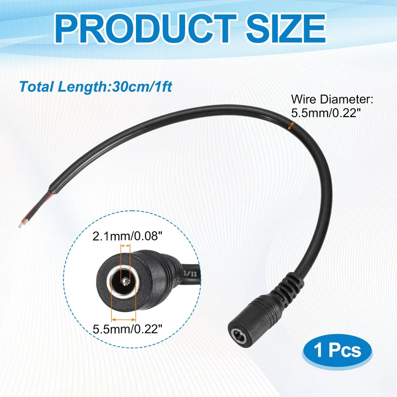 DC Power Pigtail Cable, 30cm/1FT 16AWG 5.5x2.1mm FeMale Barrel Plug