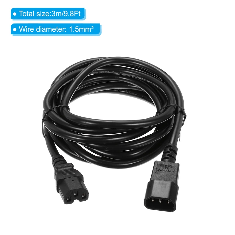 AC Power Cord 3 Prong C14 Male to C15 Female 1.5mm2 3Meter 9.8Ft 250V 10A