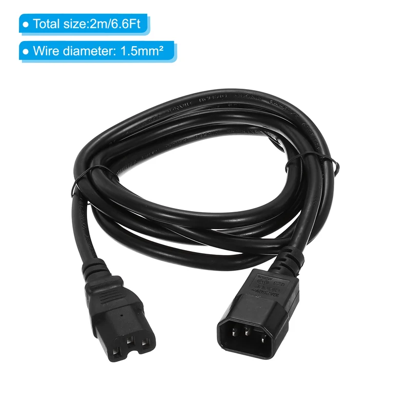 AC Power Cord 3 Prong C14 Male to C15 Female 1.5mm2 2m 6.6Ft 250V 10A PDU Cable