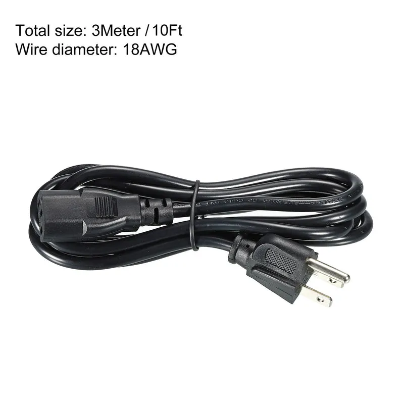 AC Power Cord 3 Prong 10ft 18 AWG Plug AC Cable NEMA 5-15P to C13 Female