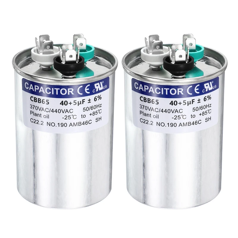 2Pcs 40+5MFD CBB65 Run Start Capacitor 40+5uF, 370/440V Round AC Capacitor