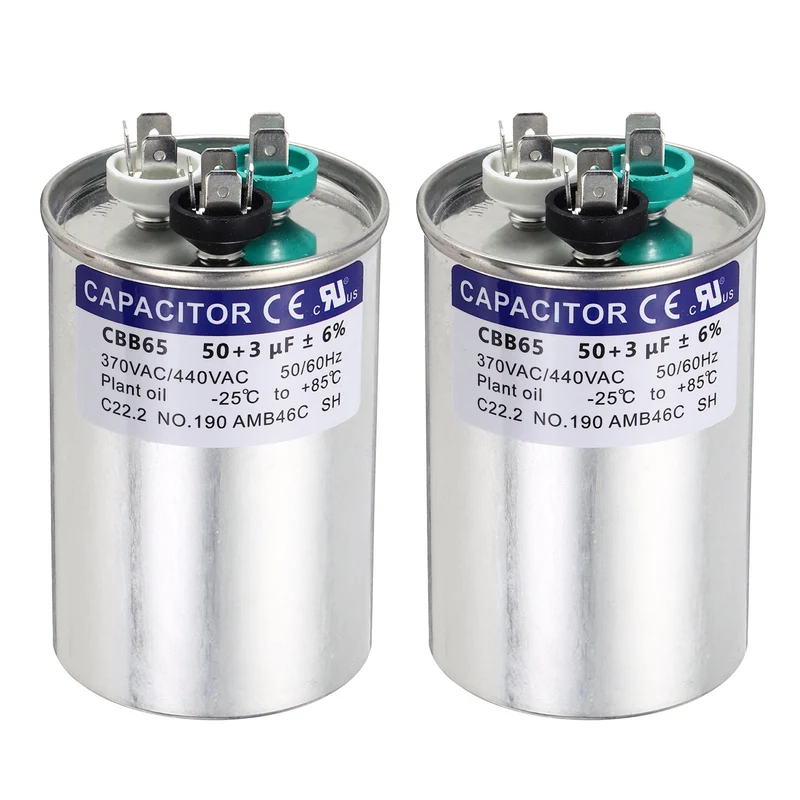 2Pcs 50+3MFD CBB65 Run Start Capacitor 50+3uF 370/440V Round AC Capacitor