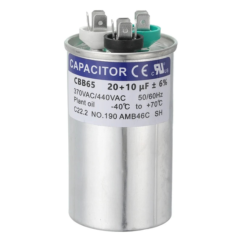 CBB65 Capacitor, 20+10uF 370-440 VAC 50/60Hz Aluminium Round Capacitor