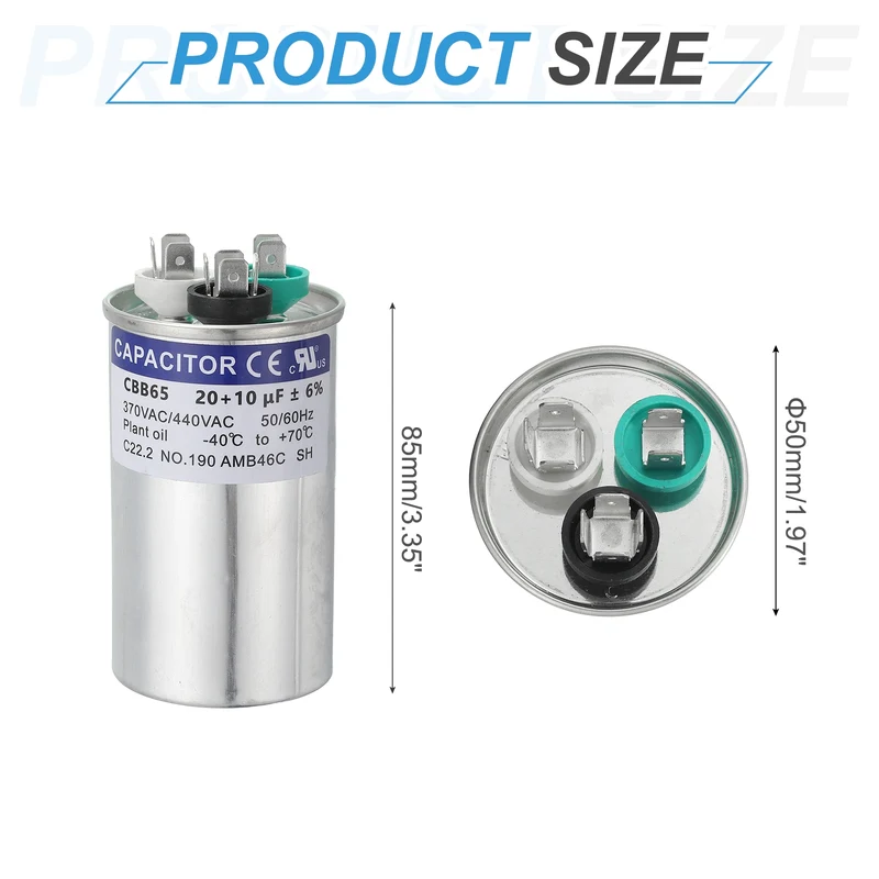 CBB65 Capacitor, 20+10uF 370-440 VAC 50/60Hz Aluminium Round Capacitor