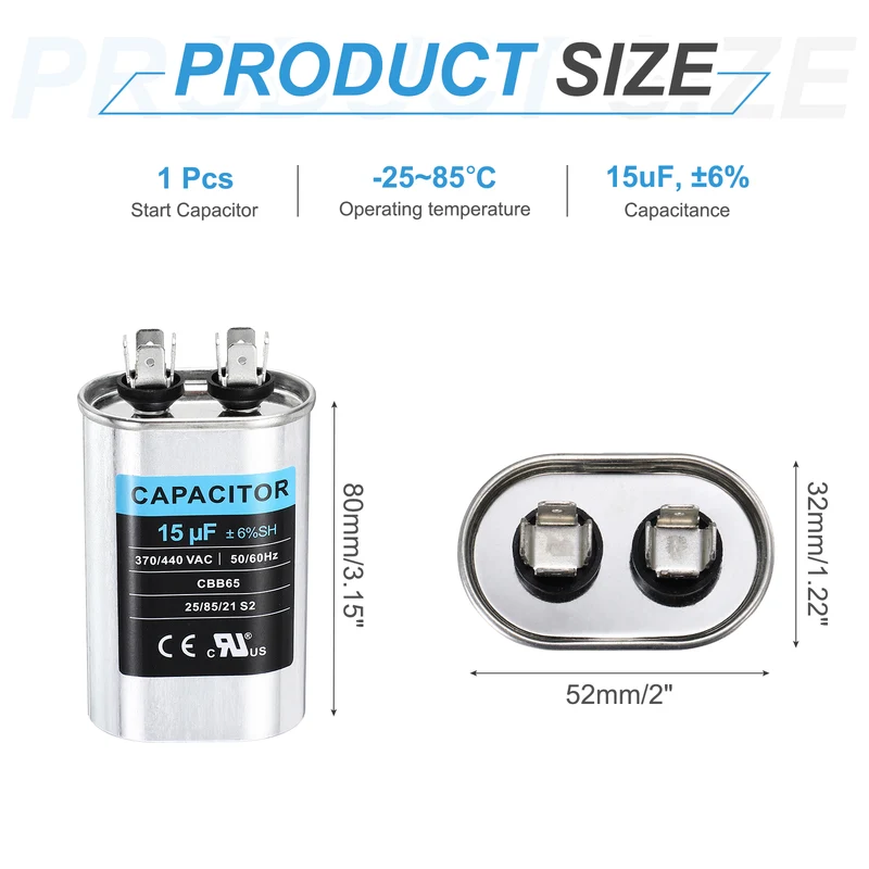 15MFD CBB65 Run Start Capacitor 15uF, 370/440V Oval AC Capacitor