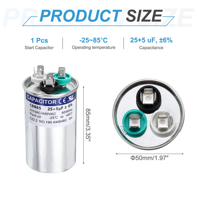 25+5MFD CBB65 Run Start Capacitor 25+5uF, 370/440V Round AC Capacitor