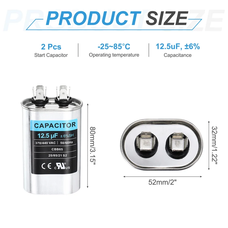 2Pcs 12.5MFD CBB65 Run Start Capacitor 12.5uF, 370/440V Oval AC Capacitor