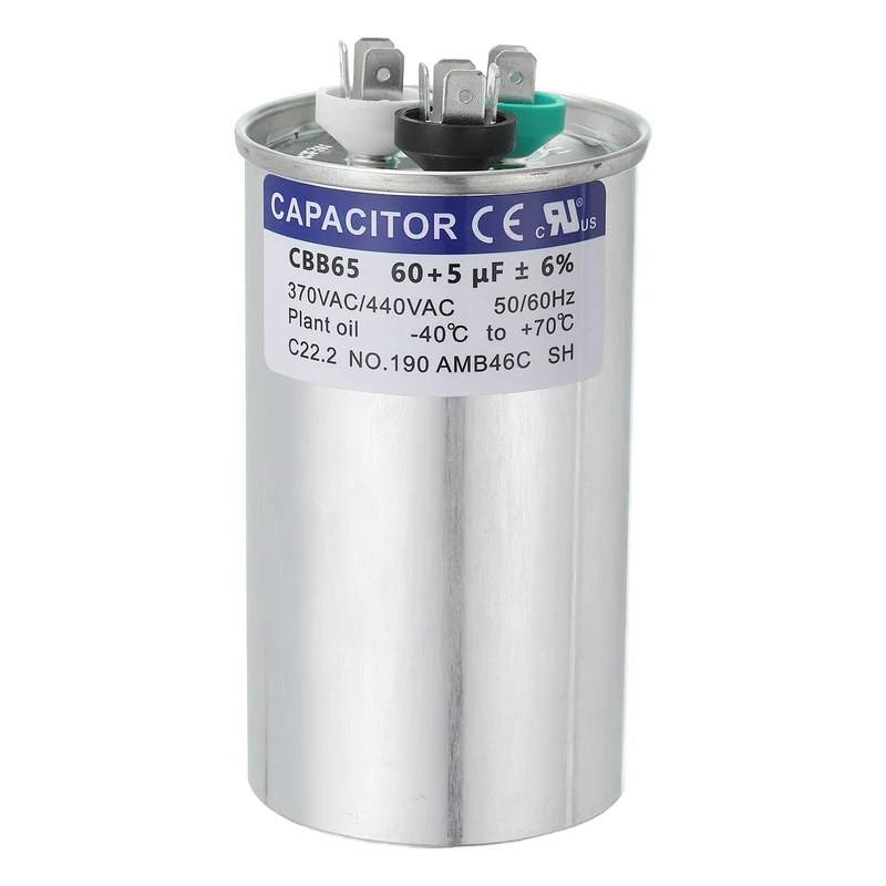 CBB65 Capacitor, 60+5uF 370-440 VAC 50/60Hz Aluminium Round Capacitor