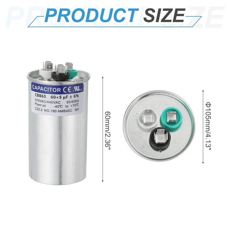 CBB65 Capacitor, 60+5uF 370-440 VAC 50/60Hz Aluminium Round Capacitor
