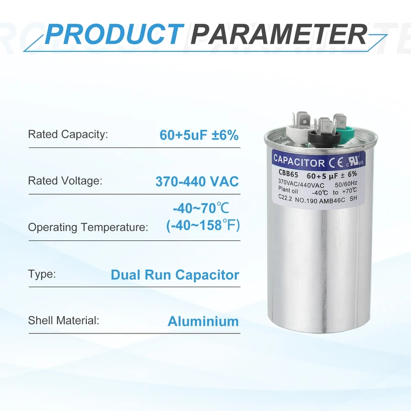 CBB65 Capacitor, 60+5uF 370-440 VAC 50/60Hz Aluminium Round Capacitor