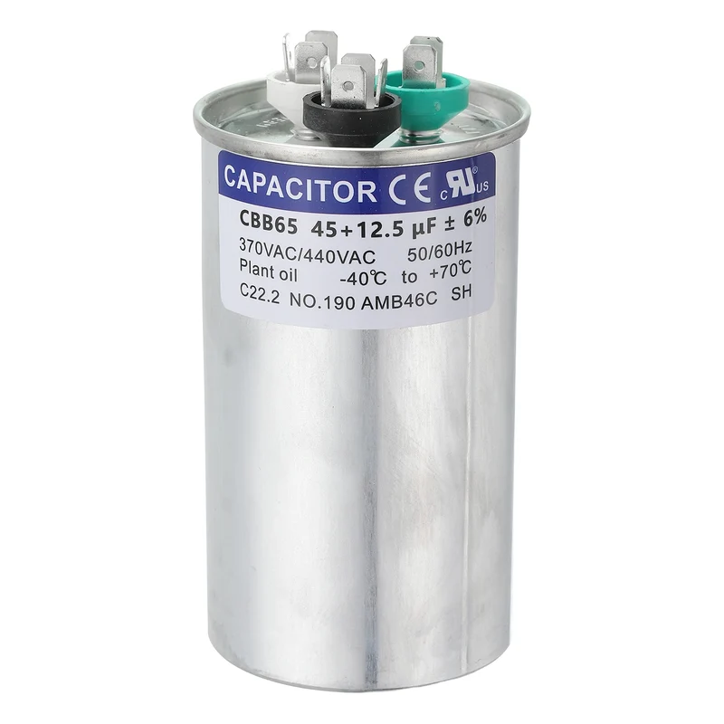 CBB65 Capacitor, 45+12.5uF 370-440 VAC 50/60Hz Aluminium Round Capacitor