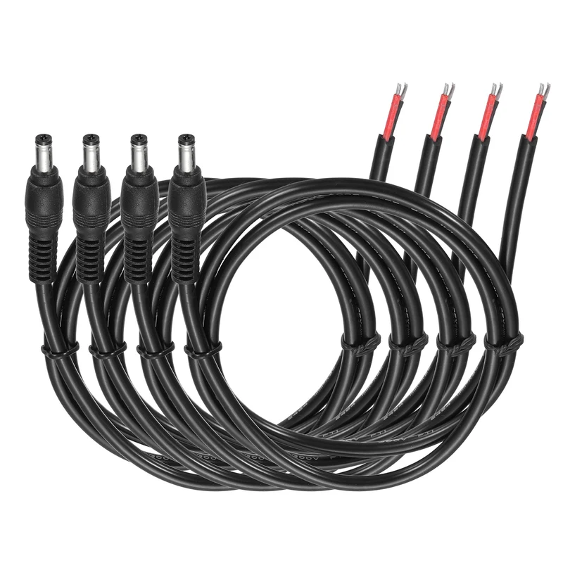 4Pcs DC Power Pigtail Cable, 100cm/3.3FT 16AWG 5.5x2.1mm Male Barrel Plug