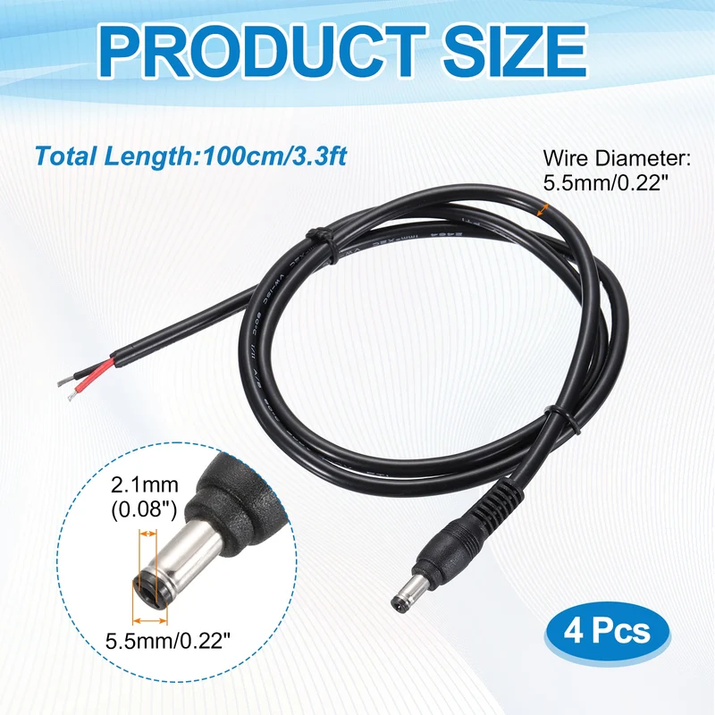 4Pcs DC Power Pigtail Cable, 100cm/3.3FT 16AWG 5.5x2.1mm Male Barrel Plug