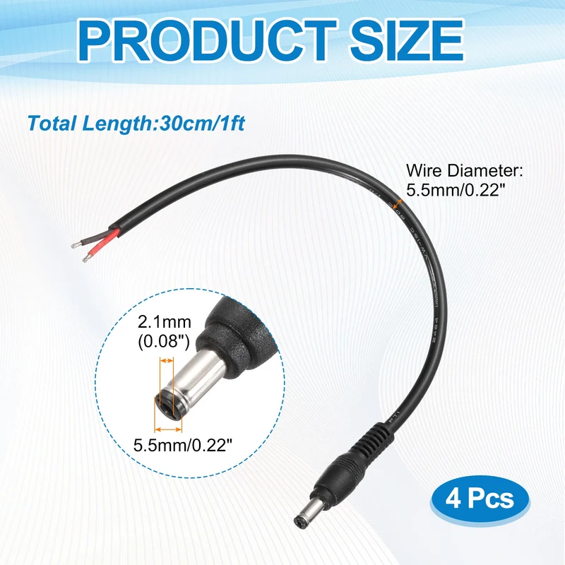 4Pcs DC Power Pigtail Cable, 30cm/1FT 16AWG 5.5x2.1mm Male Barrel Plug