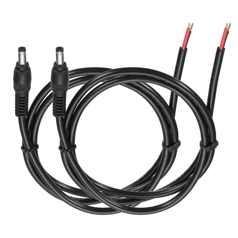 2Pcs DC Power Pigtail Cable, 100cm/3.3FT 16AWG 5.5x2.1mm Male Barrel Plug