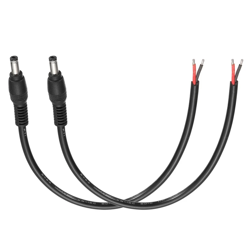 2Pcs DC Power Pigtail Cable, 30cm/1FT 16AWG 5.5x2.1mm Male Barrel Plug