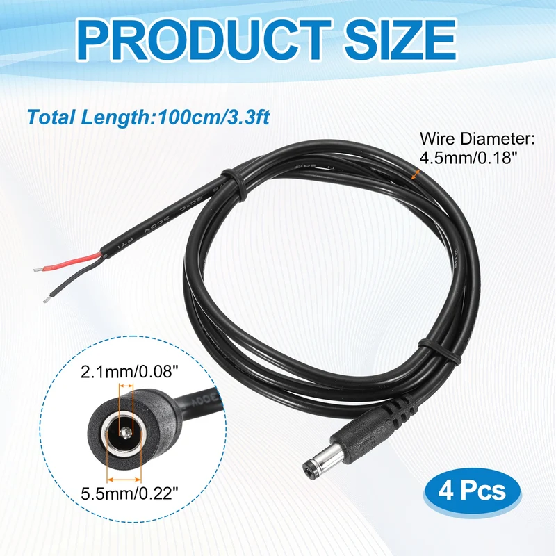 4Pcs DC Power Pigtail Cable, 100cm/3.3FT 18AWG 5.5x2.1mm FeMale Barrel Plug