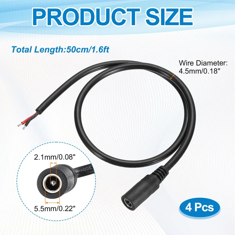 4Pcs DC Power Pigtail Cable, 50cm/1.6FT 18AWG 5.5x2.1mm FeMale Barrel Plug