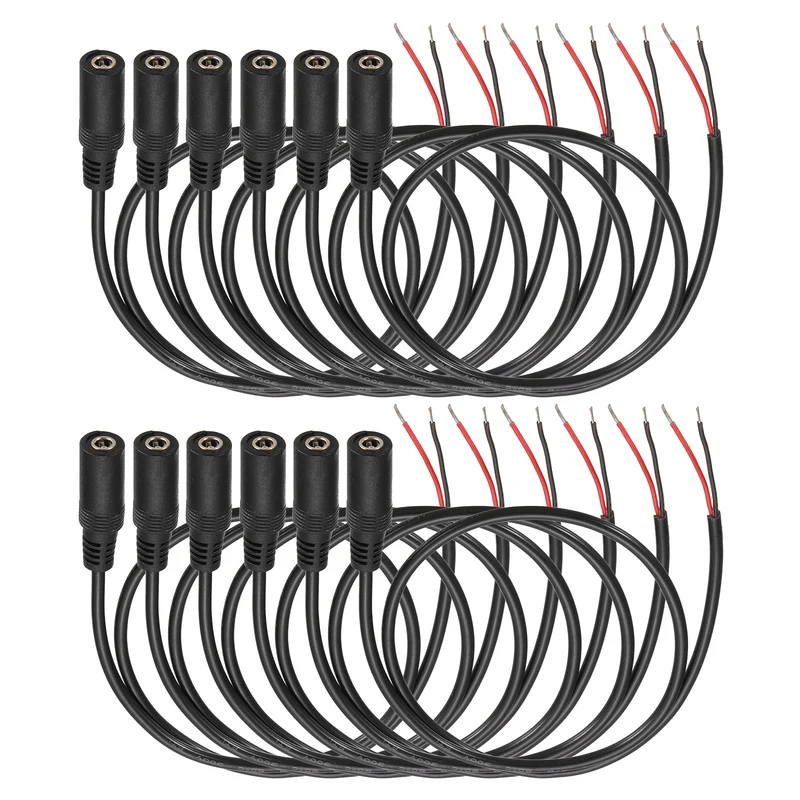 12Pcs DC Power Pigtail Cable, 50cm/1.6FT 22AWG 5.5x2.1mm FeMale Barrel Plug