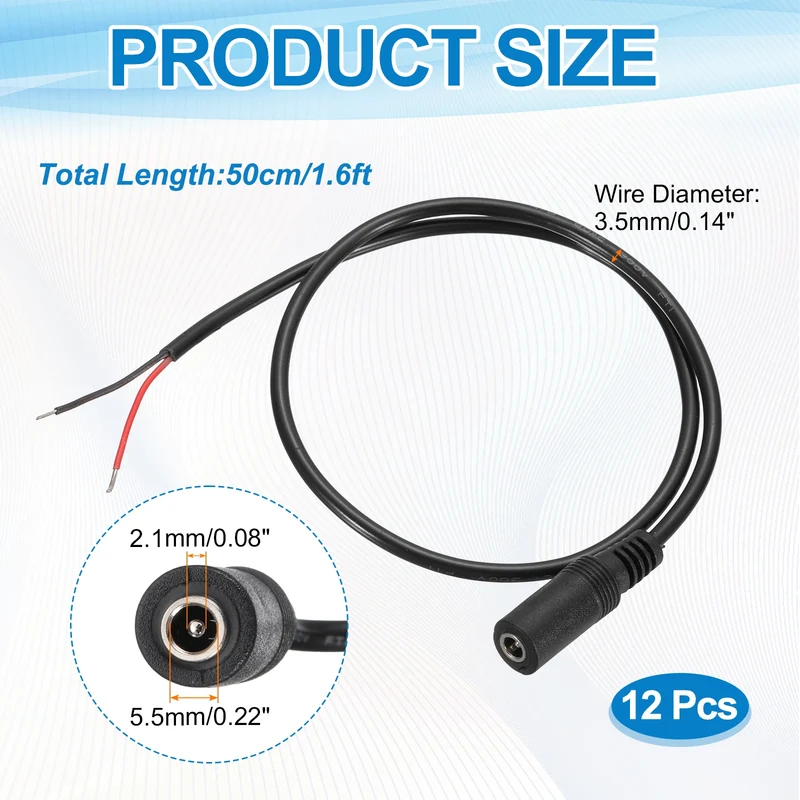 12Pcs DC Power Pigtail Cable, 50cm/1.6FT 22AWG 5.5x2.1mm FeMale Barrel Plug